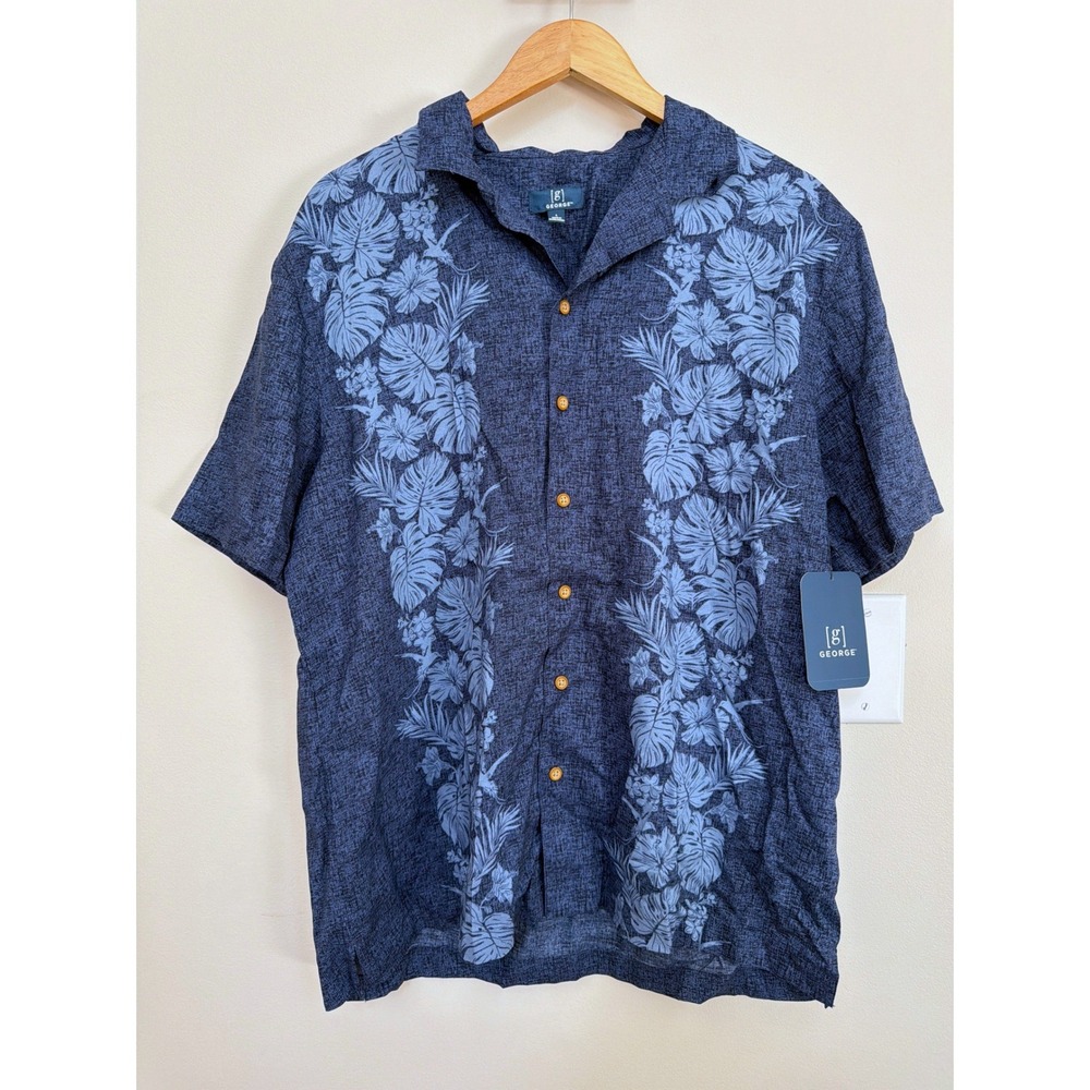 NWT George Printed Camp Shirt Navy Blue Mens Large Button Up Resortwear Vacation